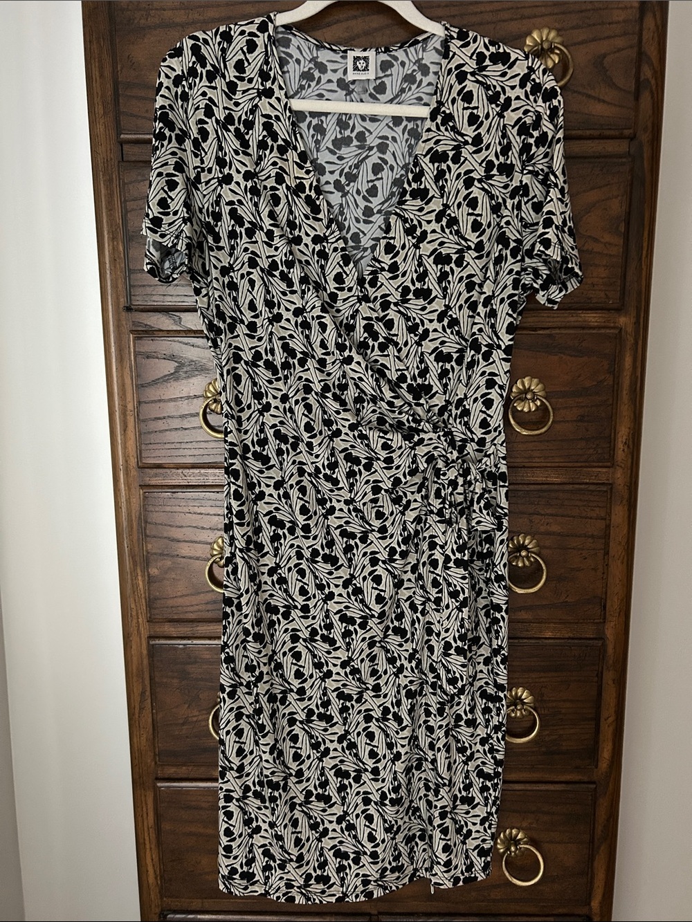 Anne Klein Black and Tan Floral Faux-Wrap Dress, Size 12